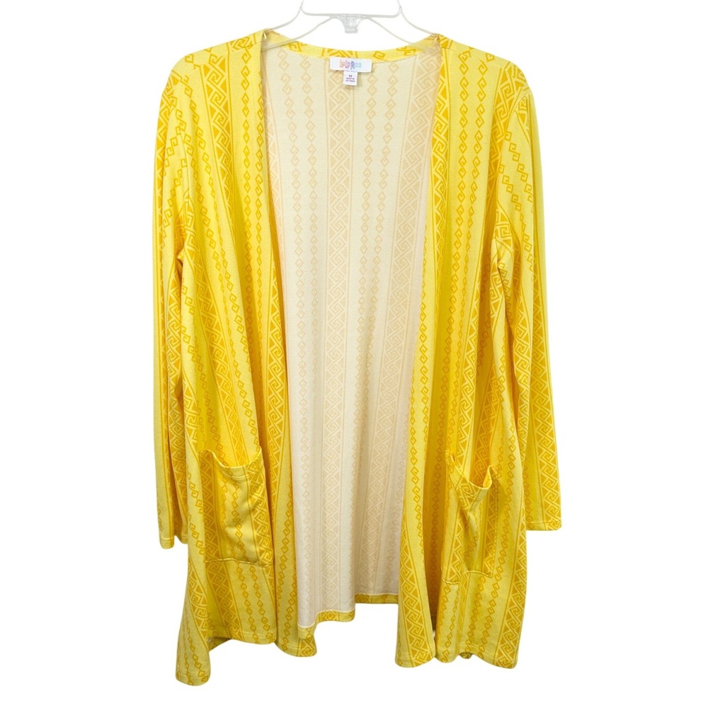 LuLaRoe Medium Lindsay Cardigan Bright Yellow Geometric Open Front Artsy 1695
